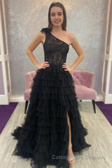 Black One Shoulder Corset Tiered Long Prom Dress with Ruffles