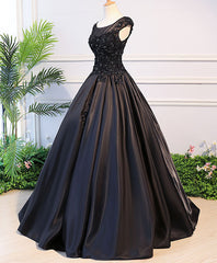 Black Round Neck Lace Long Prom Dress, Black Evening Dress