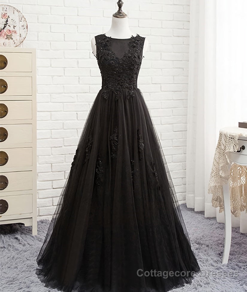 Black round neck tulle lace long prom dress, black evening dress