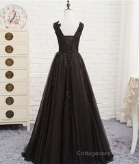 Black round neck tulle lace long prom dress, black evening dress