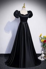 Black Satin Floor Length Prom Dress, Simple Black Short Sleeve Evening Dress