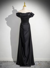 Black Satin Off the Shoulder Pleats Prom Dresses