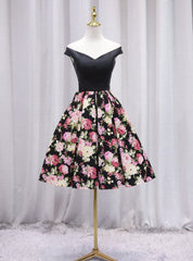 Black Satin Print Off the Shoulder Homecoming Dresses