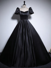 Black Satin Puff Sleeve Square Neck Prom Dresses