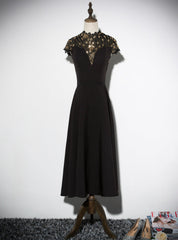 Black Satin Sequins Cap Sleeve High Neck Prom Dresses