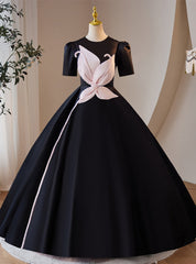 Black Satin Short Sleeve Ball Gown Prom Dresses