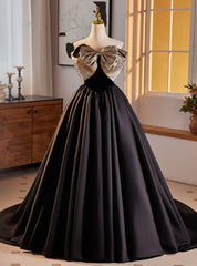 Black Satin Strapless Gold Bow Prom Dresses