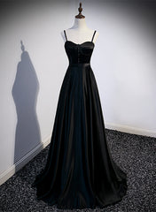 Black Satin Straps Long Party Dress, Black Sweetheart Long Evening Dress Prom Dress