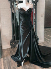 Black Satin Sweetheart Pleats Prom Dresses