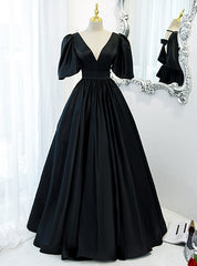 Black Satin V-neck Backless Puff Sleeve Prom Dresses