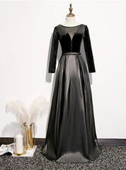 Black Satin Velvet Long Sleeve Button Prom Dresses