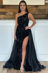 Black Sequin One-Shoulder Long Formal Dresses with Attached Train