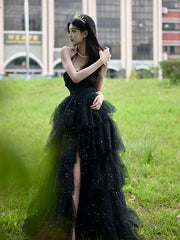 Black Shiny Tulle Layers Long Party Dresses with Leg Slit, Black Tulle Prom Dresses