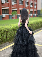 Black Shiny Tulle Layers Long Party Dresses with Leg Slit, Black Tulle Prom Dresses