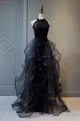 Black Shiny Tulle Long Party Dress with Beaded, Black Evening Dress