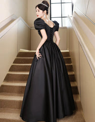 Black Short Sleeves Beaded A-line Satin Prom Dresses, Black Satin Party Dresses