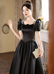 Black Short Sleeves Beaded A-line Satin Prom Dresses, Black Satin Party Dresses