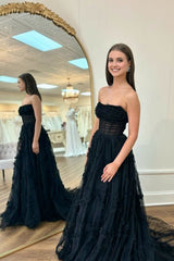 Black Strapless Tulle A Line Lone Prom Dresses