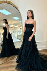 Black Strapless Tulle A Line Lone Prom Dresses