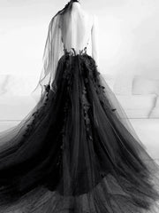 Black Tulle and Lace Long Prom Dresses Long Black Floral Formal Evening Dresses prom Dresses shops