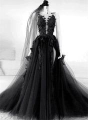 Black Tulle and Lace Long Prom Dresses Long Black Floral Formal Evening Dresses prom Dresses shops