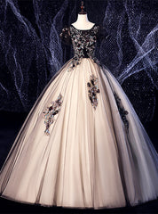 Black Tulle Appliques Puff Sleeve Quinceanera Dresses