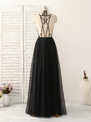 Black Tulle Backless Long Prom Dress, Black Evening Dress