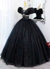 Black Tulle Beaded Short Sleeves Prom Dresses, Black Tulle Formal Dresses