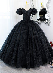 Black Tulle Beaded Short Sleeves Prom Dresses, Black Tulle Formal Dresses