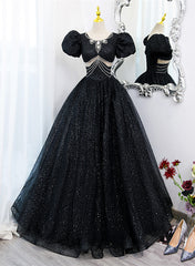 Black Tulle Beaded Short Sleeves Prom Dresses, Black Tulle Formal Dresses