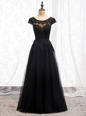 Black Tulle Cap Sleeve Appliques Beading Prom Dresses