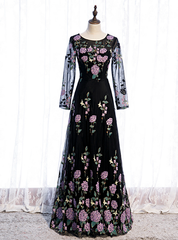 Black Tulle Embroidery Long Sleeve Scoop Prom Dresses