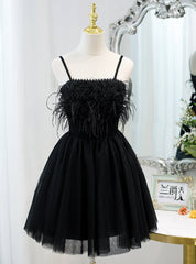 Black Tulle Feather Spaghetti Straps Homecoming Dresses