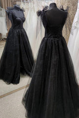 Black Tulle Floor Length Long Party Dress with Slit, Black Evening Dresses