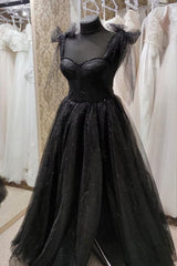 Black Tulle Floor Length Long Party Dress with Slit, Black Evening Dresses