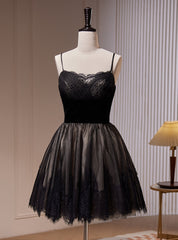 Black Tulle Lace Spaghetti Straps Homecoming Dresses