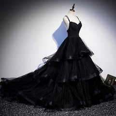 Black Tulle Layers Straps Beaded Long Evening Dress, Black Formal Dress Prom Dress