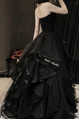 Black Tulle Long A-Line Prom Dress,Ball Dresses with Ruffles