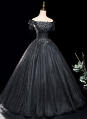 Black Tulle Off Shoulder with Lace Applique Party Dresses, Black Tulle Long Sweet 16 Dresses