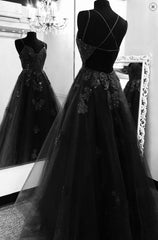 Black Tulle Open Back Prom Dresses A-line Formal Dresses Long