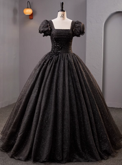 Black Tulle Puff Sleeve Appliques Pleats Quinceanera Dresses