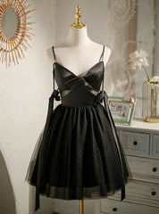 Black Tulle Satin Spaghetti Straps Pearls Homecoming Dresses