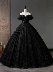 Black Tulle Sequins Off the Shoulder Quinceanera Dresses