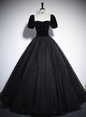 Black Tulle Sequins Short Sleeve Velvet Quinceanera Dresses