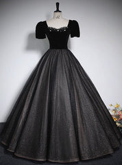 Black Tulle Sequins Square Neck Short Sleeve Beading Quinceanera Dresses