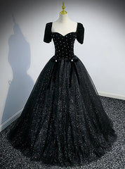 Black Tulle Sequins Strapless Prom Dresses