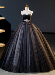 Black Tulle Sequins Sweetheart Pleats Crystal Quinceanera Dresses