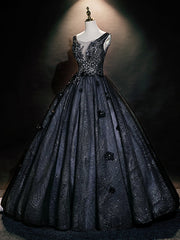 Black Tulle Sequins V-neck Appliques Quinceanera Dresses