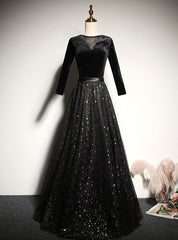 Black Tulle Sequins Velvet Short Sleeve Prom Dresses