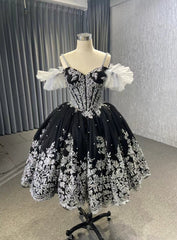 Black Tulle Silver Sequins Appliques Short Prom Dresses